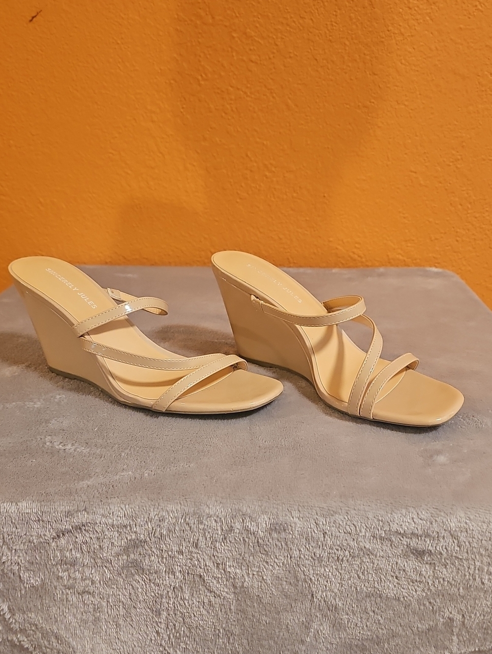 Beige Patent Leather, Wedge Sandals for Women - Strappy Slide Heels